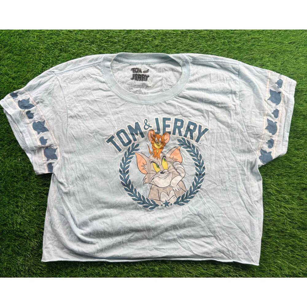 Tom & Jerry Light Blue Graphic Tee Sleeve Print Licensed Cartoon Sz XXL Crewneck
